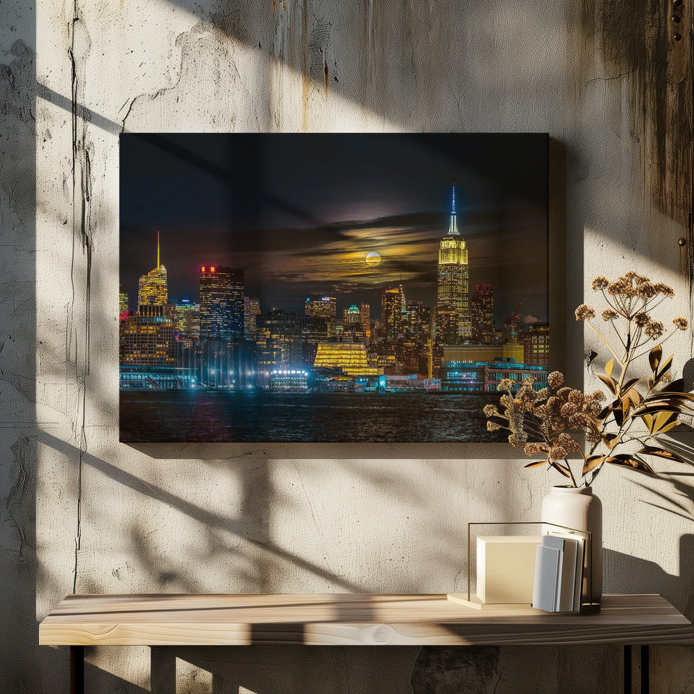 Super Blue Moon NYC by Hua Zhu | Night Cityscape Skyline, Large Canvas Wall Art Print | Artsy Earth