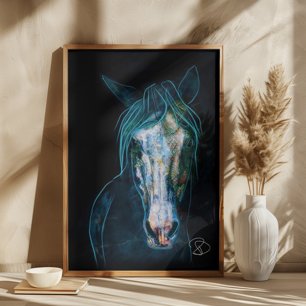 Blue Bashful Horse by Ruth Day | Dark Animal Illustration, Large Canvas Wall Art Print | Artsy Earth