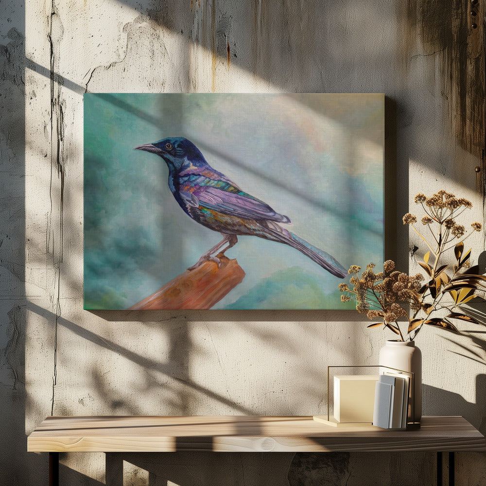 Dressed In Lights Common Grackle by Angeles M. Pomata | Painted Bird Wildlife, Large Canvas Wall Art Print | Artsy Earth