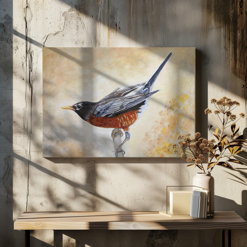 Morning Stretch American Robin by Angeles M. Pomata | Painted Bird Illustration, Large Canvas Wall Art Print | Artsy Earth