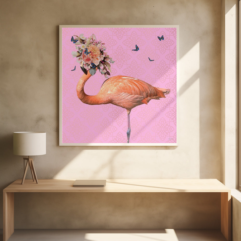 Spring Flower Bonnet On Flamingo by Sue Skellern | Surreal Floral Digital, Large Canvas Wall Art Print | Artsy Earth