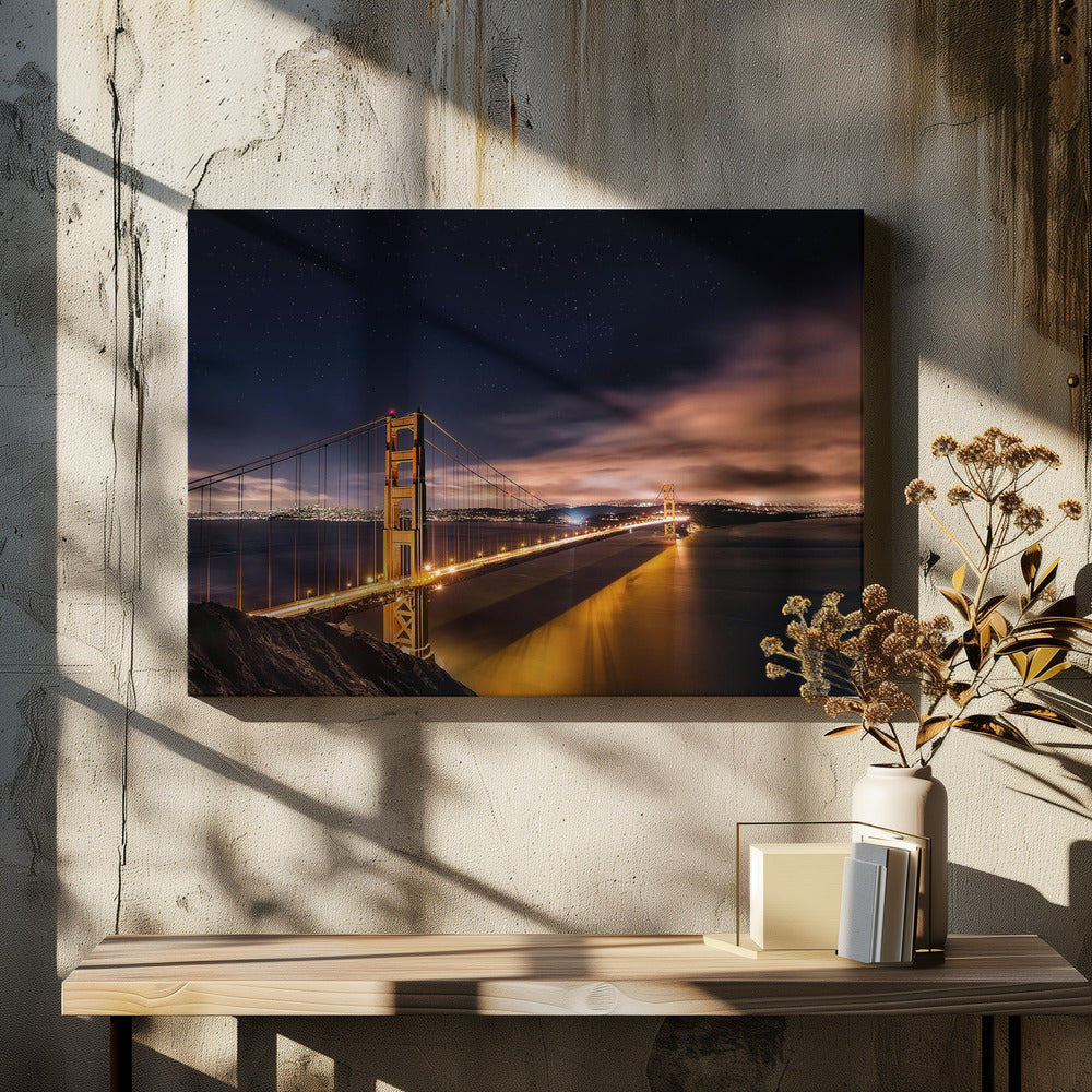 Golden Gate to Stars by Javier De La Torre | Night Bridge Landmark, Large Canvas Wall Art Print | Artsy Earth