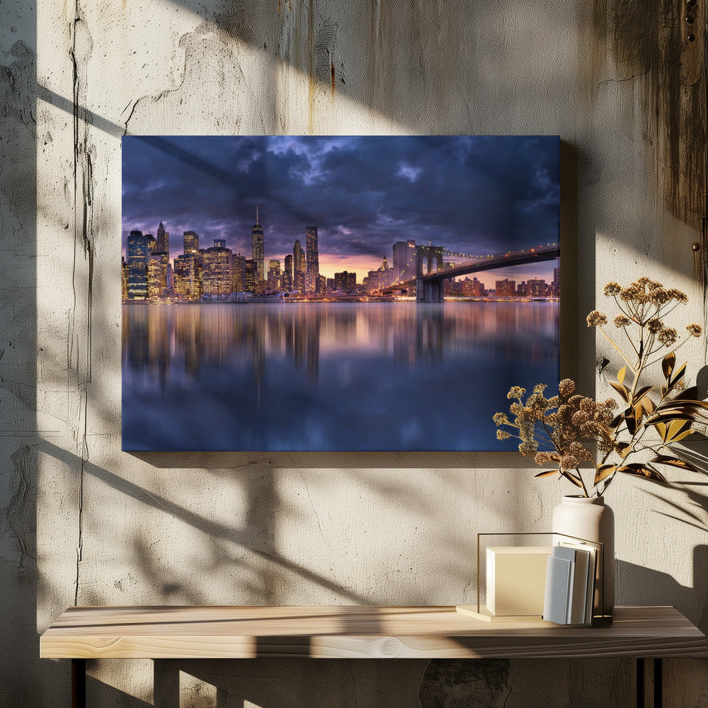 Manhattan Skyline by Menghuailin | Brooklyn Bridge Cityscape, Large Canvas Wall Art Print | Artsy Earth