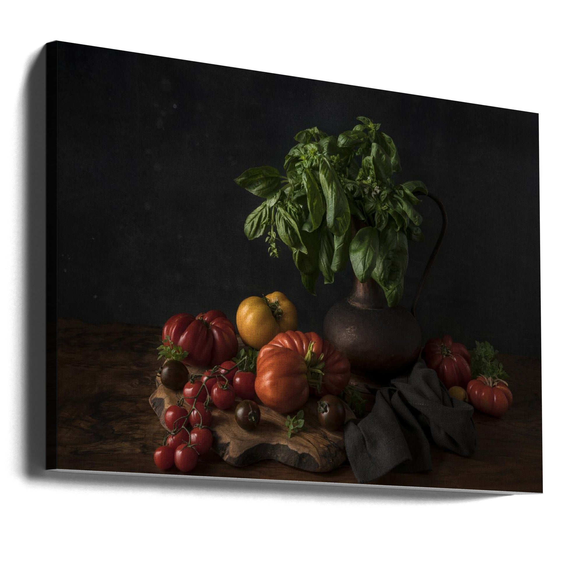 Still life with tomatoes and basil by Diana Popescu | Rustic Food Photography, Large Canvas Wall Art Print | Artsy Earth