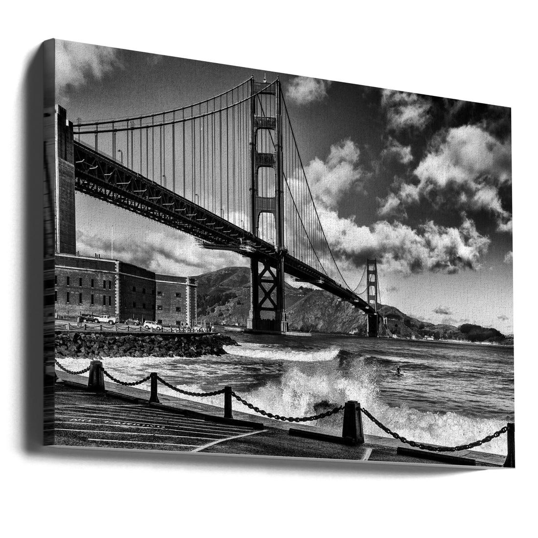 Surfing under the Golden Gate Bridge by Jois Domont ( J.l.g.) | California Bridge Surfing, Large Canvas Wall Art Print | Artsy Earth