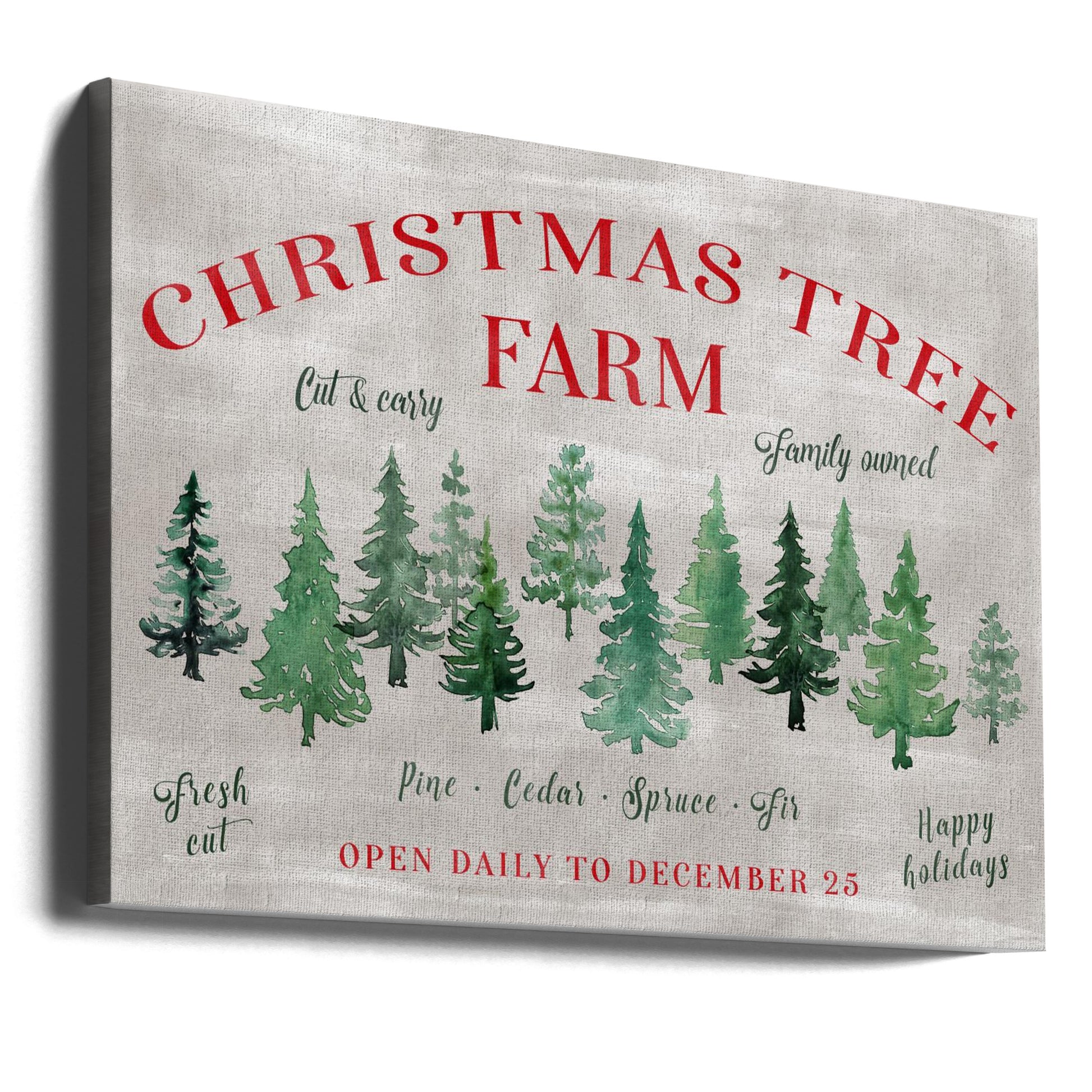 Christmas Tree Farm by Rosana Laiz Blursbyai | Watercolor Christmas Sign, Large Canvas Wall Art Print | Artsy Earth