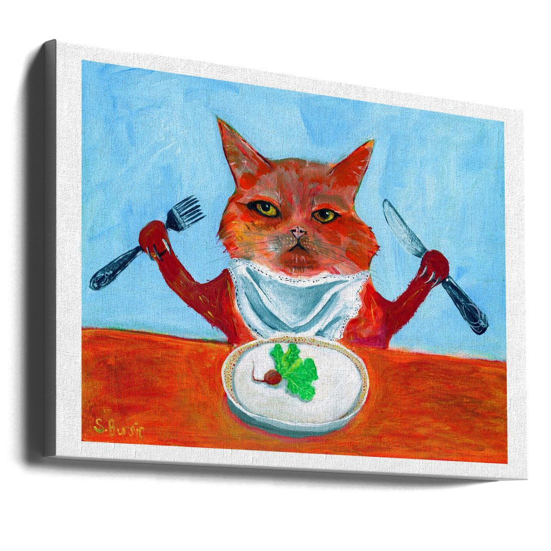 Vegan Cat by Sharyn Bursic | Funny Animal Illustration, Large Canvas Wall Art Print | Artsy Earth