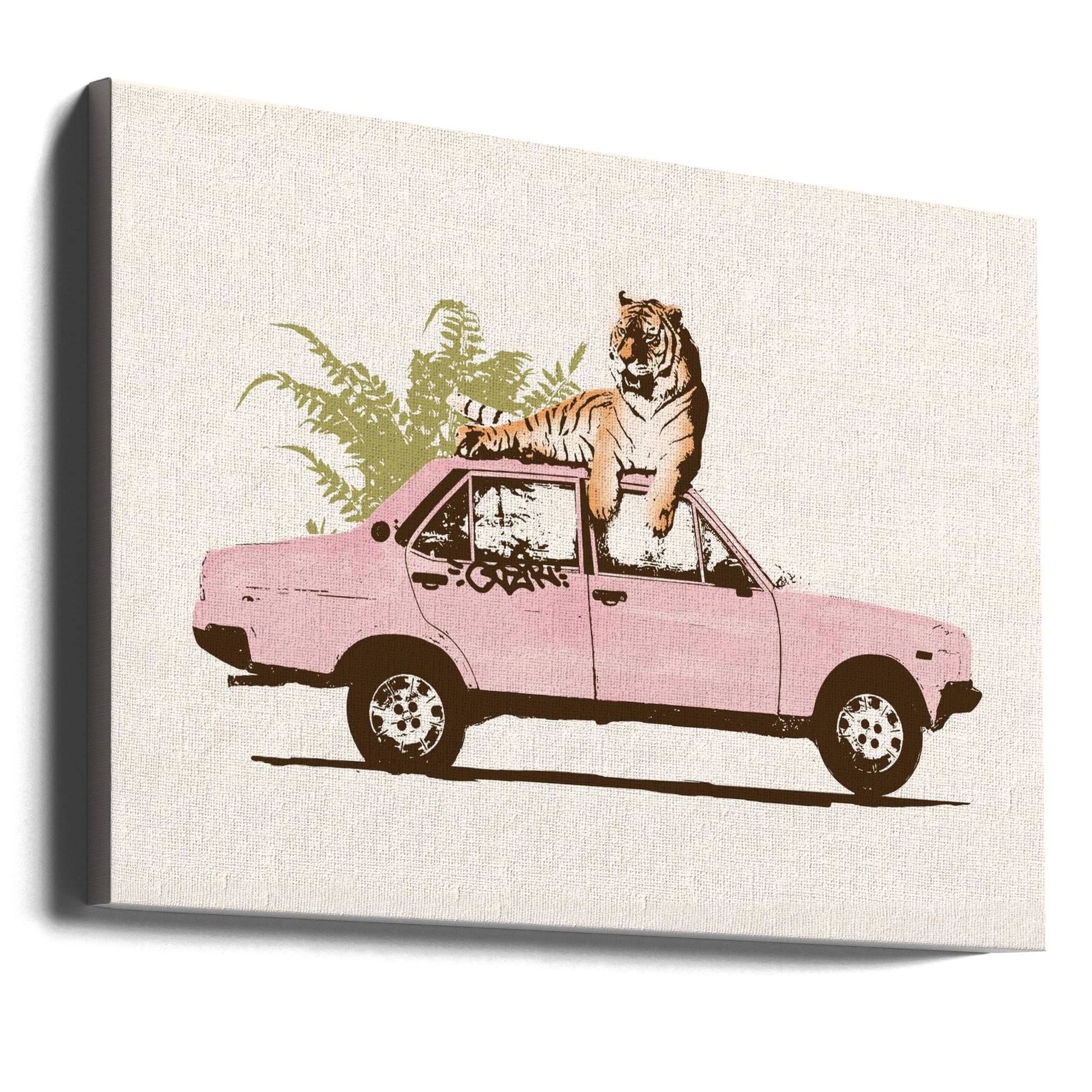 Tiger On Car by Florent Bodart | Animal Vehicle Illustration, Large Canvas Wall Art Print | Artsy Earth