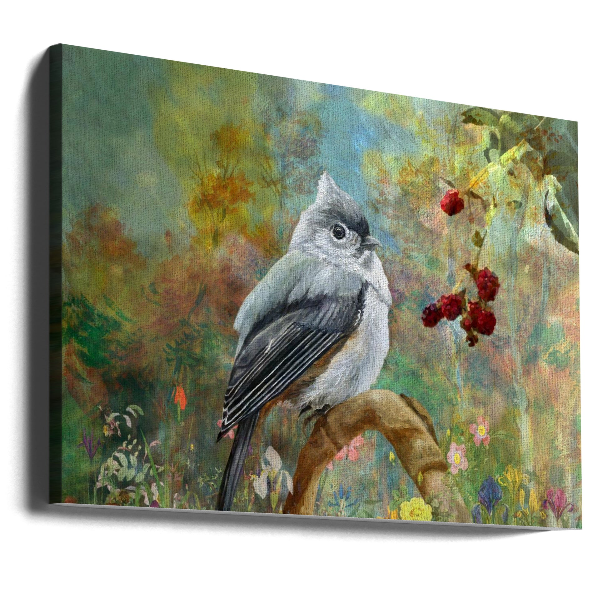 Titmouse In the Berries Garden by Angeles M. Pomata | Watercolor Bird Painting, Large Canvas Wall Art Print | Artsy Earth