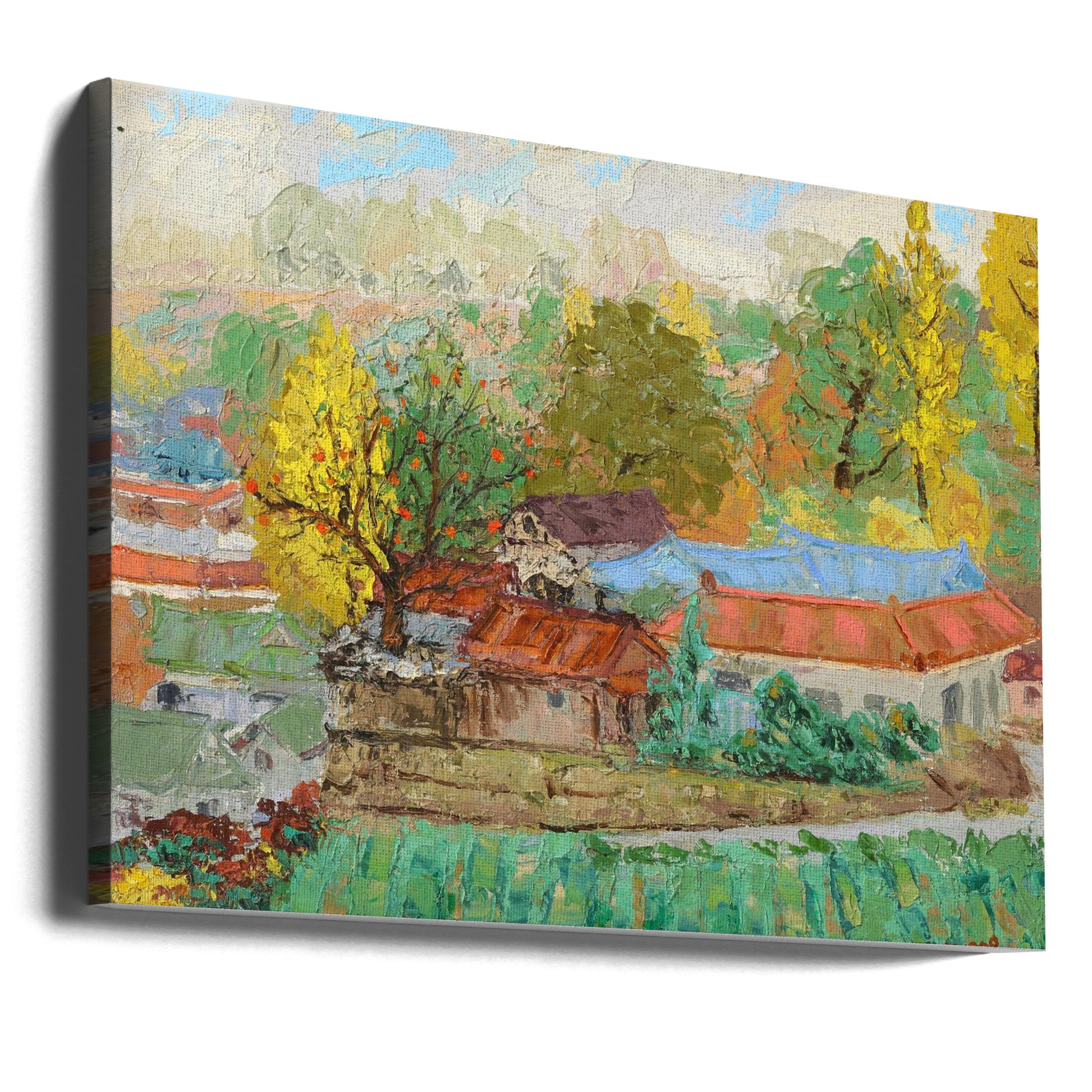 Village in Autumn by Jukyong Park | Watercolor Countryside Landscape, Large Canvas Wall Art Print | Artsy Earth