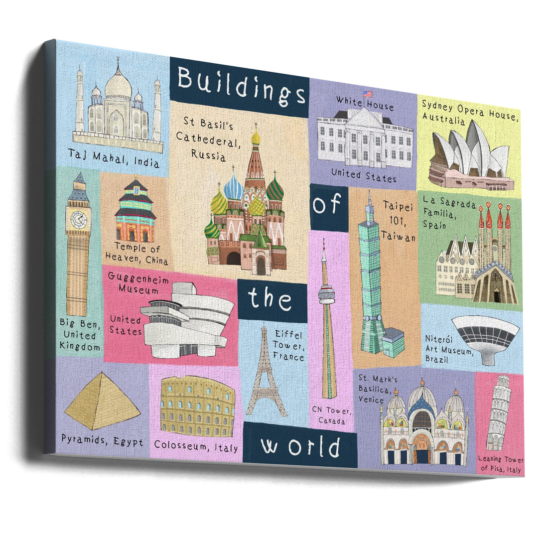 Buildings of the World by Carla Daly | Famous Architecture Illustration, Large Canvas Wall Art Print | Artsy Earth