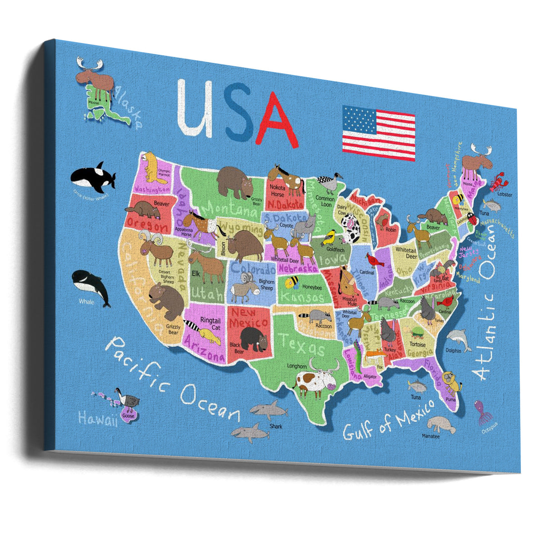 Illustrated Map of United States of America by Carla Daly | Educational Wildlife Map, Large Canvas Wall Art Print | Artsy Earth