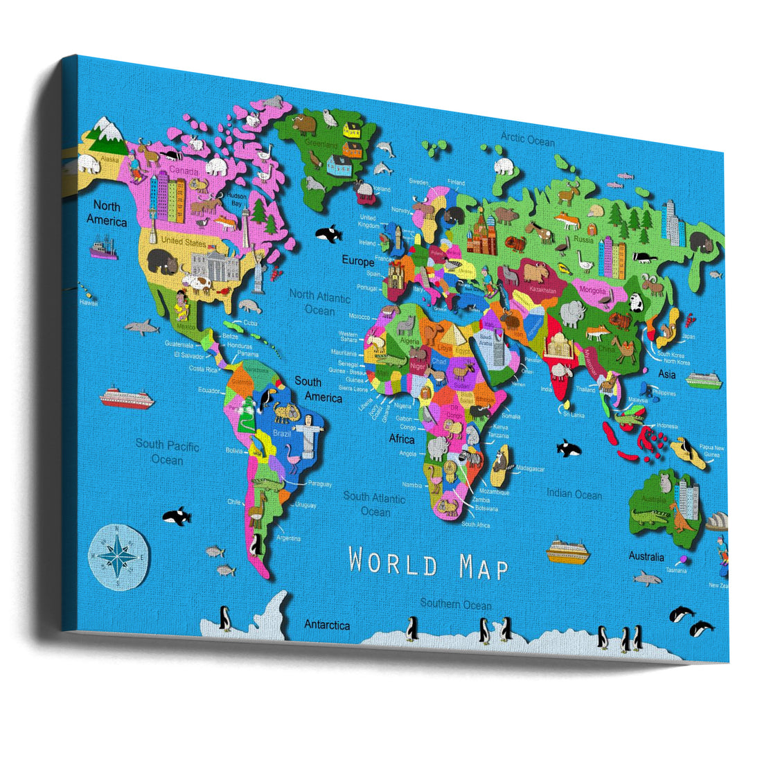 Illustrated World Map by Carla Daly | Educational Children's Map, Large Canvas Wall Art Print | Artsy Earth