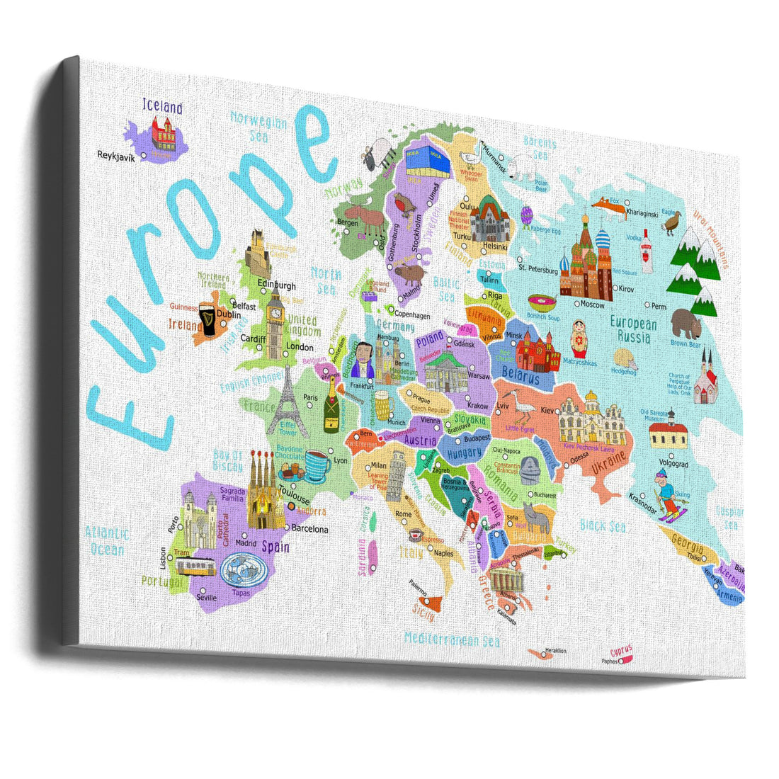 Illustrated Map of Europe by Carla Daly | Educational Travel Map, Large Canvas Wall Art Print | Artsy Earth