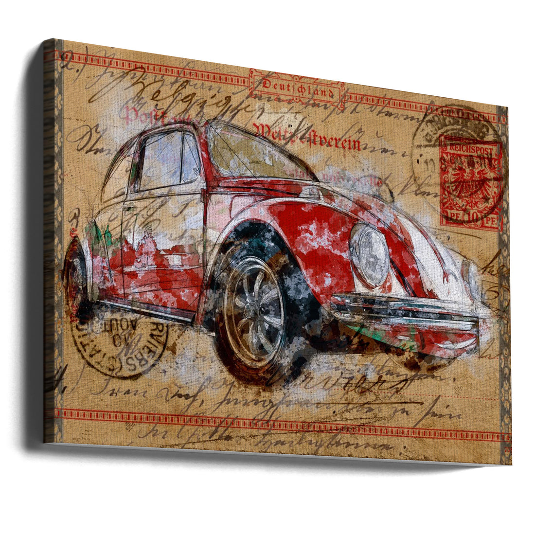 Red Volkswagen by Lembayung Senja Studio [vintage Poster] | Vintage Beetle Poster, Large Canvas Wall Art Print | Artsy Earth