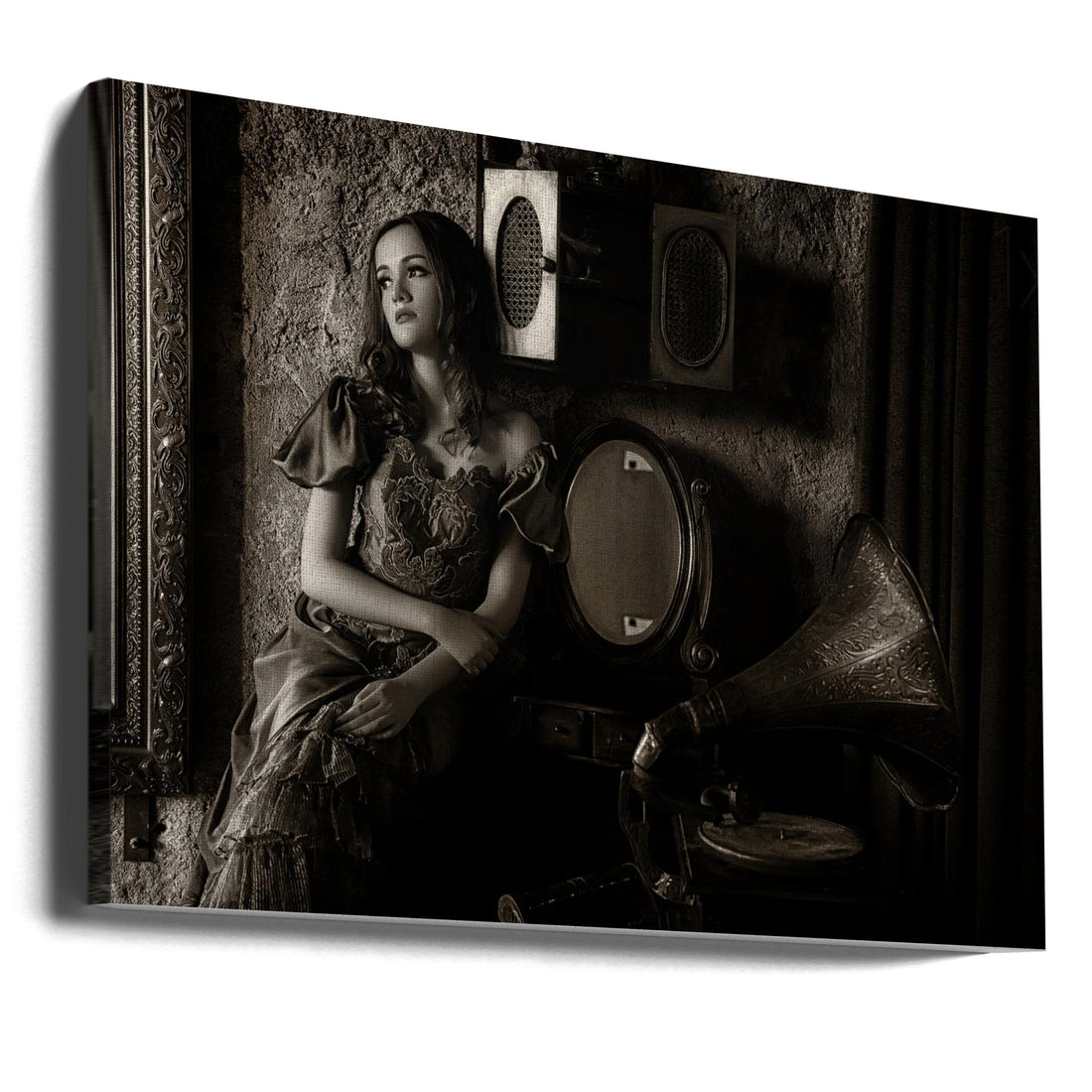 Listen to the old music by Pramujo Sri Hatmoko | Black And White Portrait, Large Canvas Wall Art Print | Artsy Earth