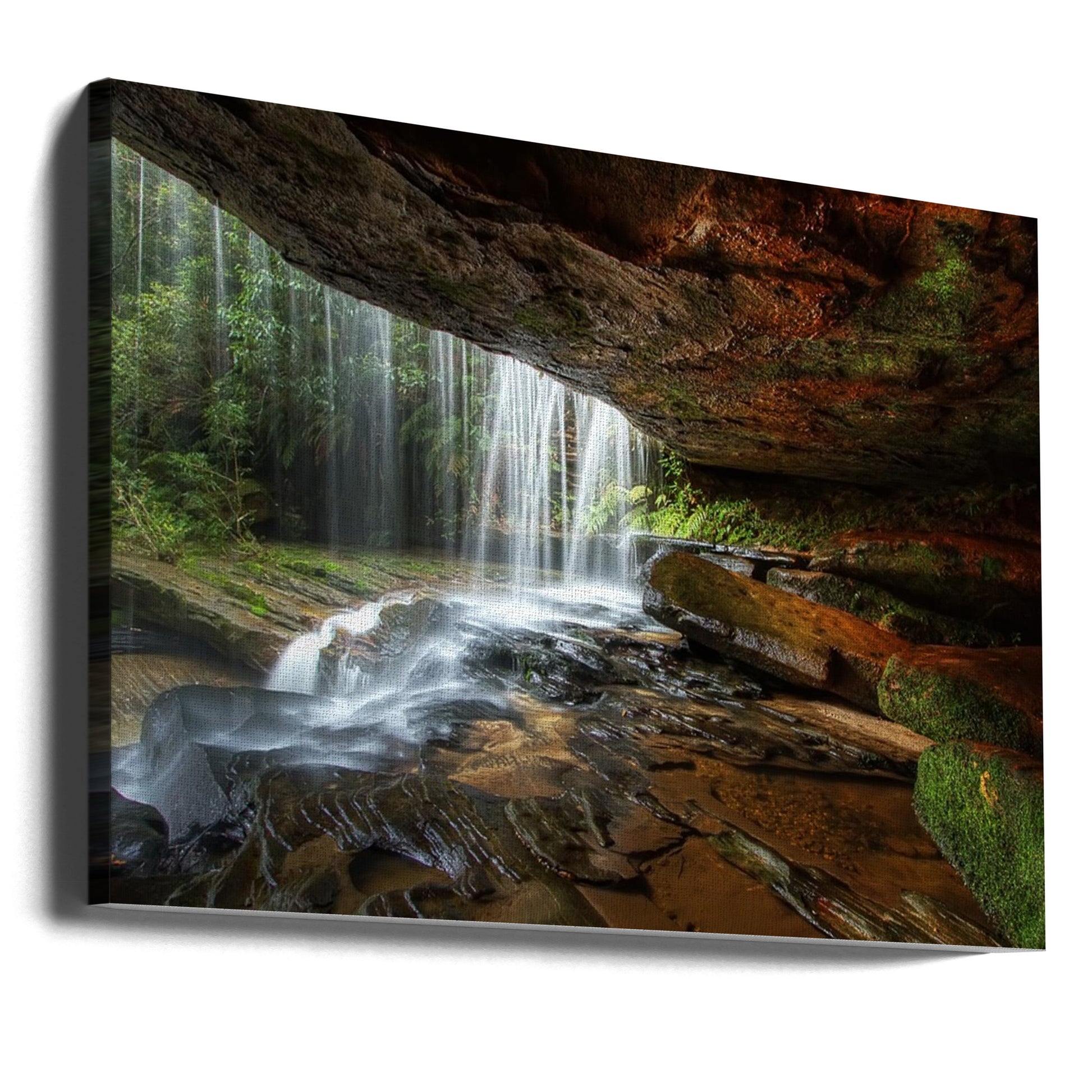 Under The Ledge by Mark Lucey | Waterfall Cave Landscape, Large Canvas Wall Art Print | Artsy Earth