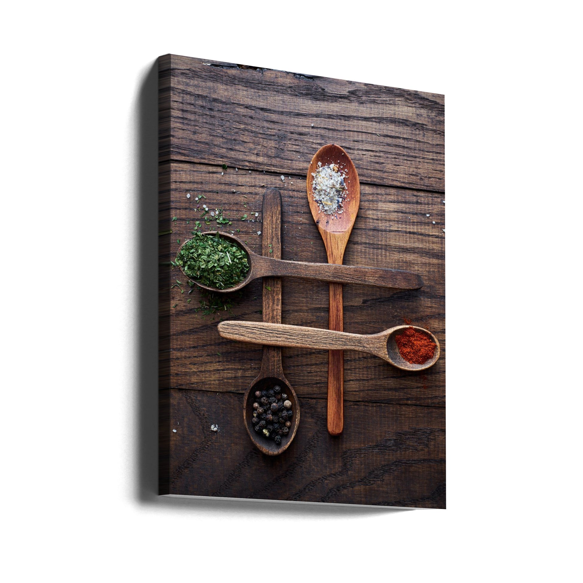 Rustic Spice Display by Aleksandrova Karina | Wooden Kitchen Spices, Large Canvas Wall Art Print | Artsy Earth