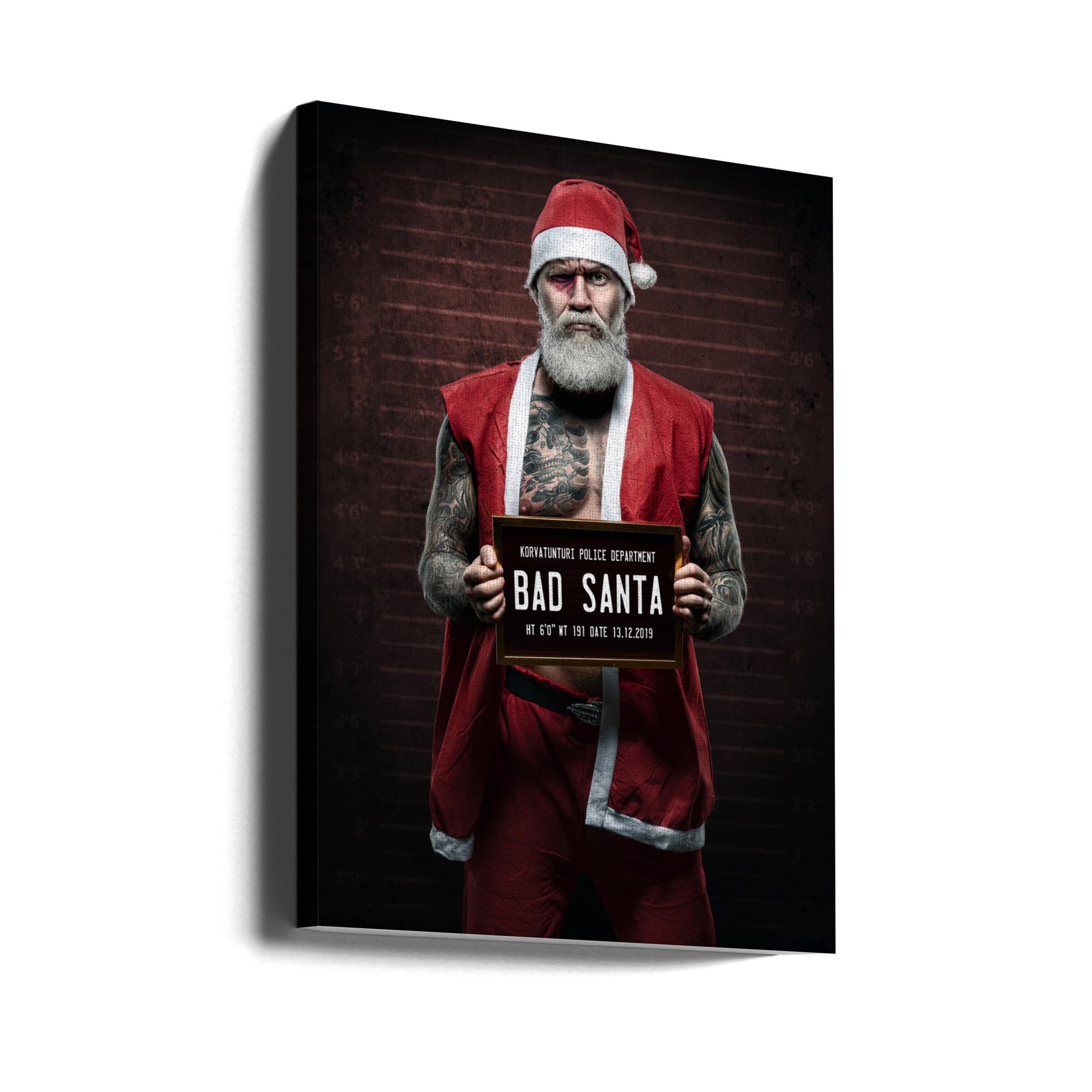 Bad Santa Mugshot by Petri Damstén | Funny Christmas Portrait, Large Canvas Wall Art Print | Artsy Earth