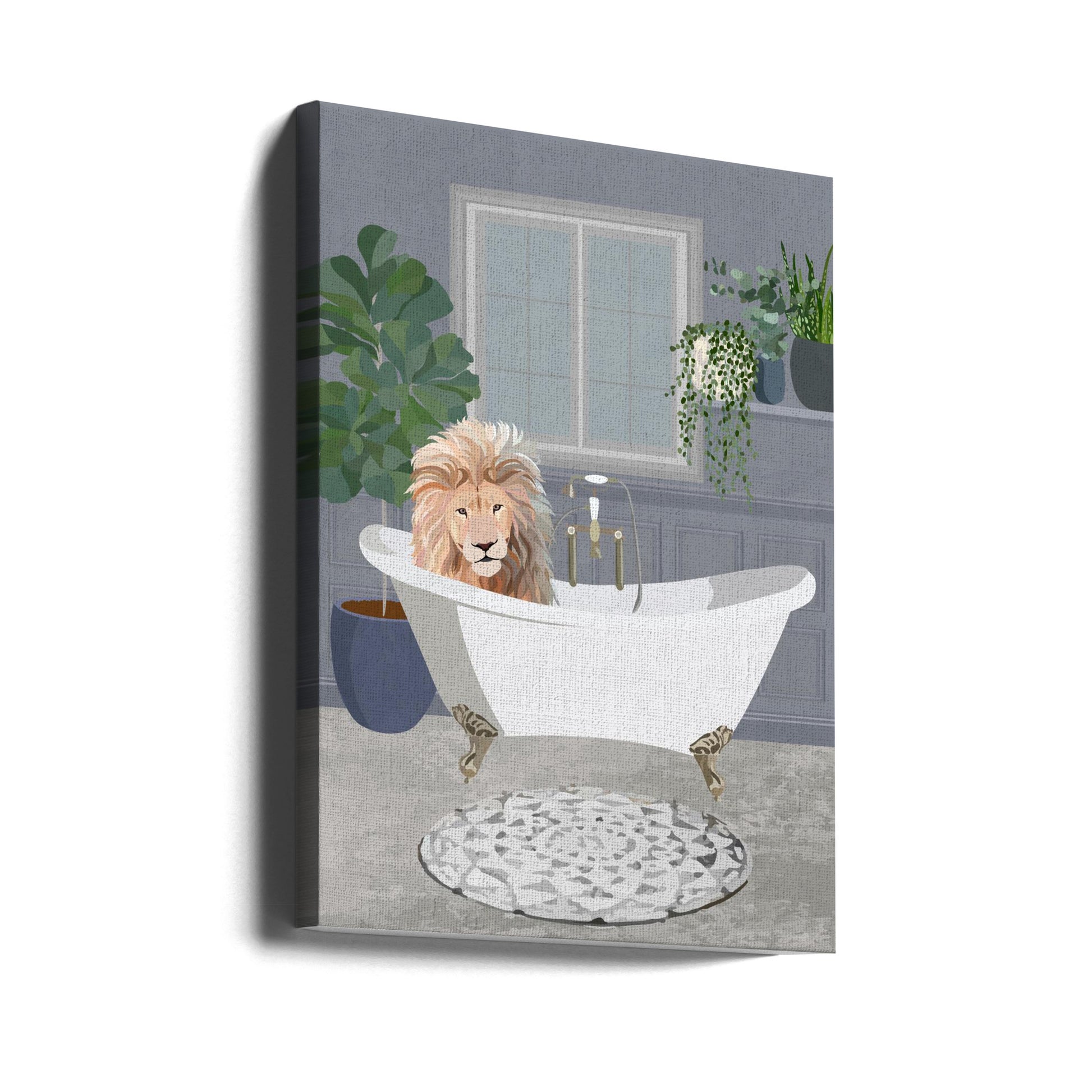 Lion Takes a Bath by Sarah Manovski | Wildlife Bath Decor, Large Canvas Wall Art Print | Artsy Earth