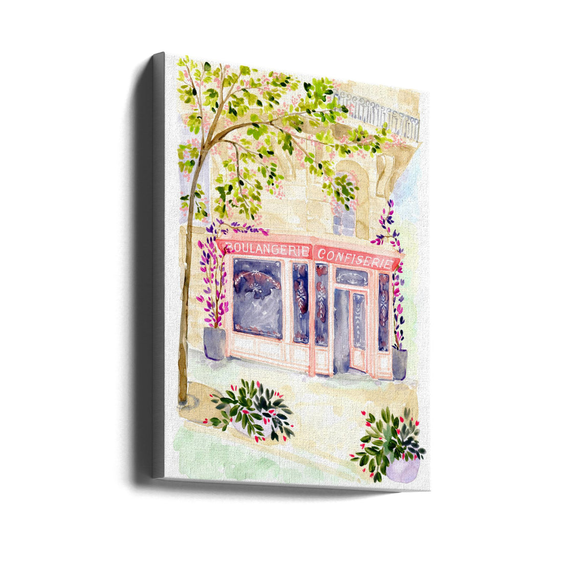 Paris Bakery Shop by Rosana Laiz Blursbyai | Watercolor Floral Street, Large Canvas Wall Art Print | Artsy Earth