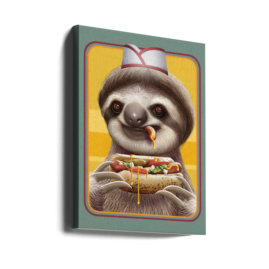 Sloth Selling Hotdogs by Adam Lawless | Funny Animal Illustration, Large Canvas Wall Art Print | Artsy Earth