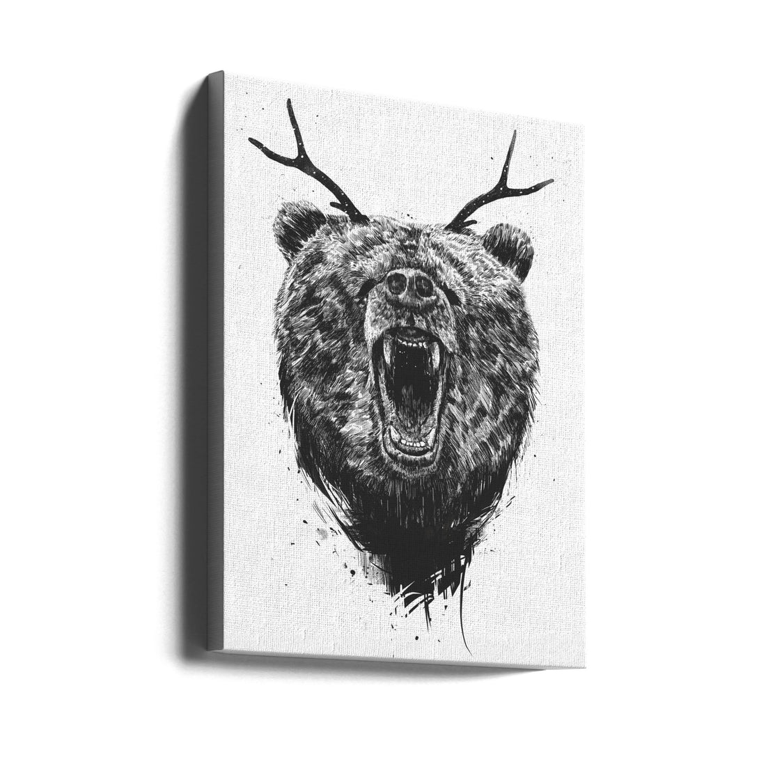 Angry bear with antlers by Balazs Solti | Surreal Animal Drawing, Large Canvas Wall Art Print | Artsy Earth