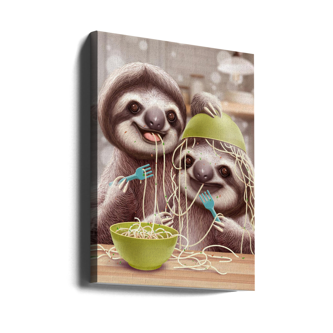 Young Sloth Eating Spaghetti by Adam Lawless | Funny Animal Illustration, Large Canvas Wall Art Print | Artsy Earth