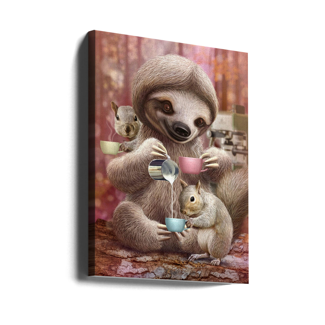 Sloth The Barista by Adam Lawless | Funny Animal Illustration, Large Canvas Wall Art Print | Artsy Earth