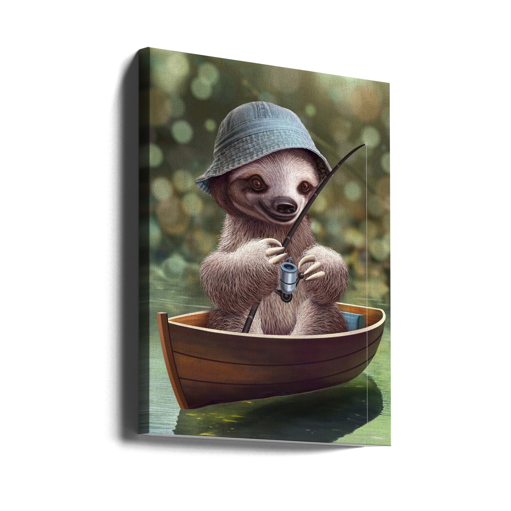 Sloth Go Fishing by Adam Lawless | Funny Wildlife Illustration, Large Canvas Wall Art Print | Artsy Earth