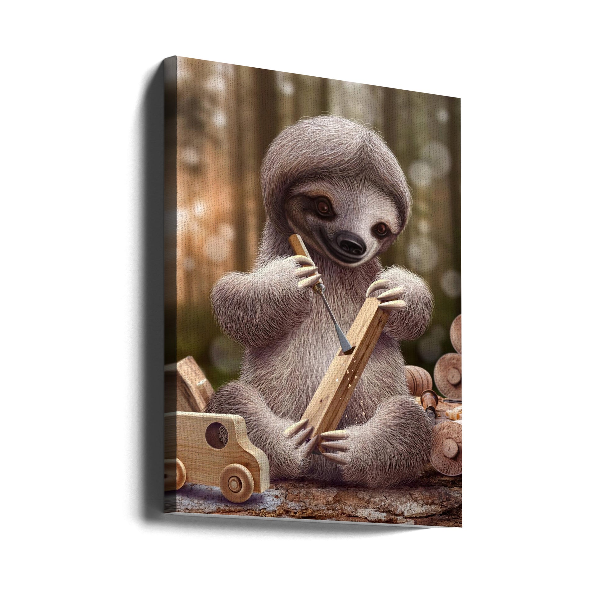 Sloth The Toy Maker by Adam Lawless | Wildlife Animal Illustration, Large Canvas Wall Art Print | Artsy Earth