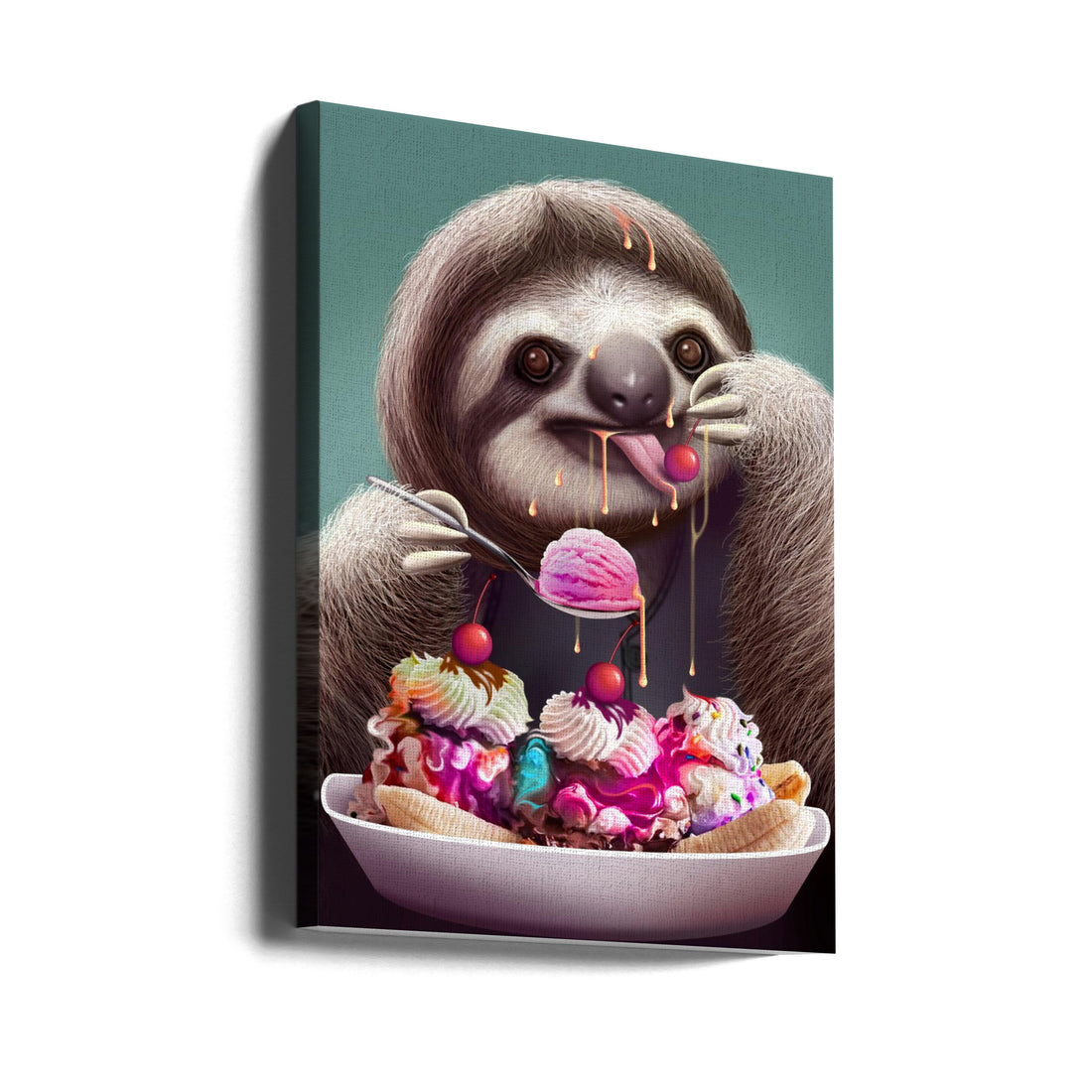 Sloth Enjoying Ice Cream by Adam Lawless | Funny Animal Illustration, Large Canvas Wall Art Print | Artsy Earth