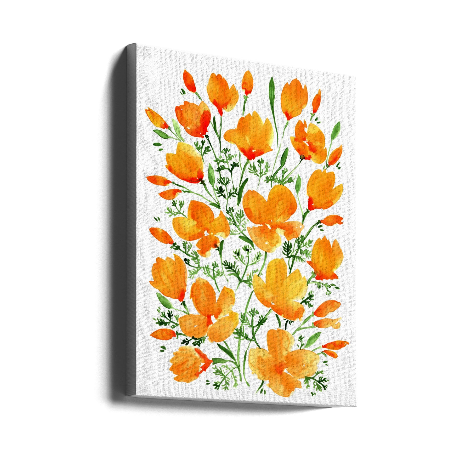 Watercolor California poppies by Rosana Laiz Blursbyai | Botanical Floral Watercolor, Large Canvas Wall Art Print | Artsy Earth