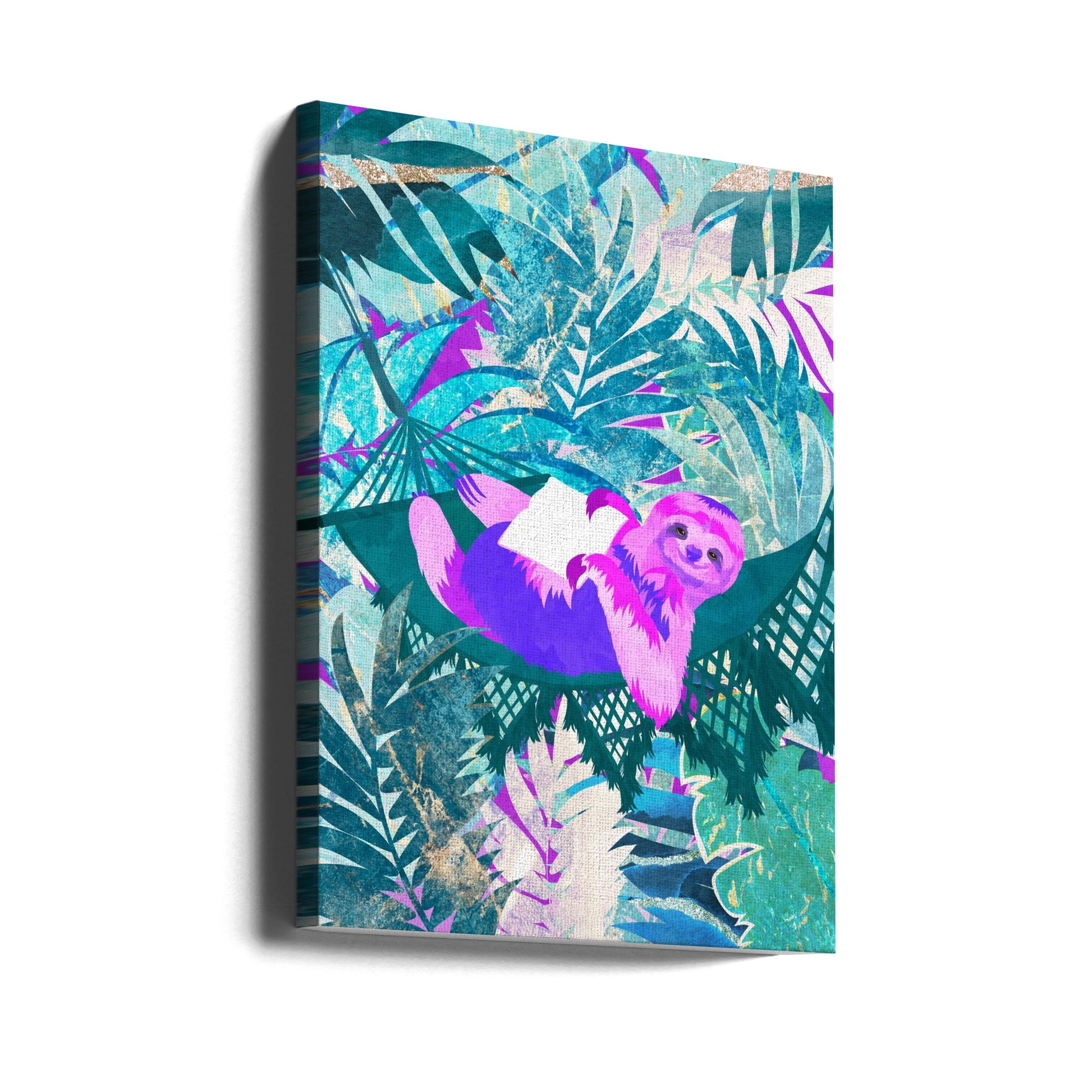 Pink and Green Neon Sloth in Hammock by Sarah Manovski | Tropical Animal Digital Art, Large Canvas Wall Art Print | Artsy Earth