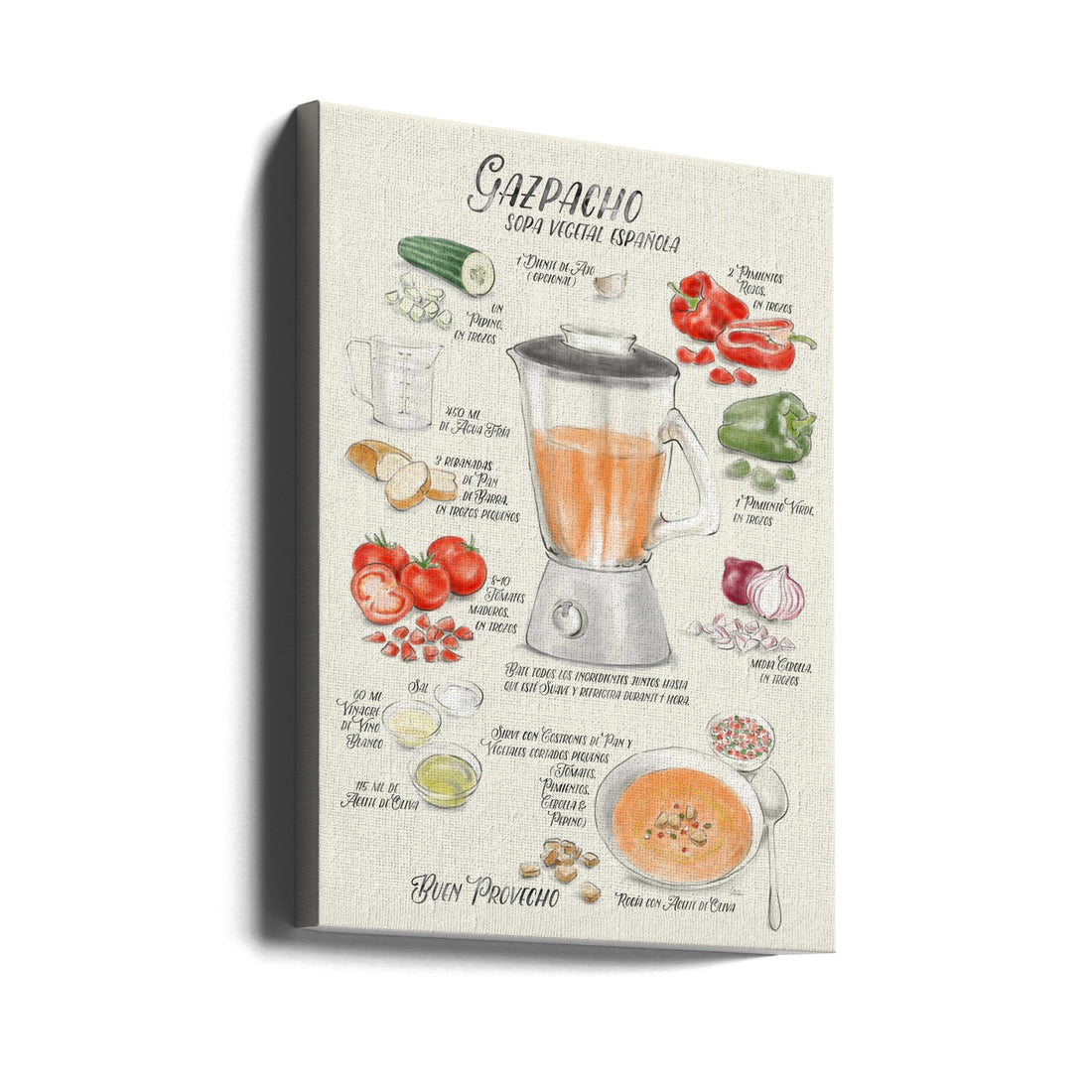 Gazpacho Recipe Spanish by Rosana Laiz Blursbyai | Illustrated Food Recipe, Large Canvas Wall Art Print | Artsy Earth