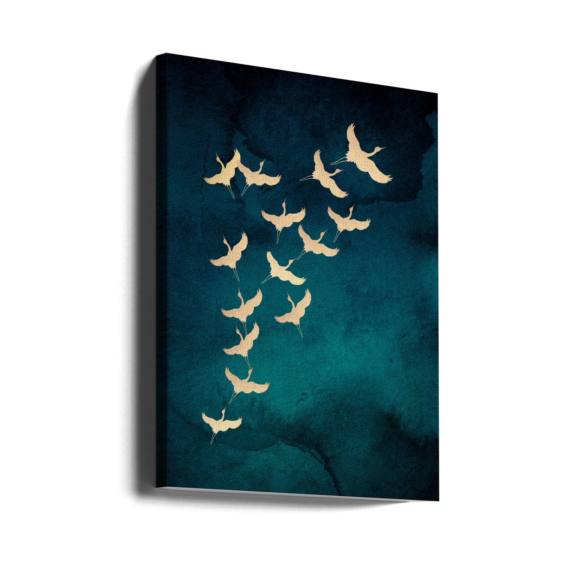 Teal Flying Cranes by Aureous | Japanese Watercolor Birds, Large Canvas Wall Art Print | Artsy Earth