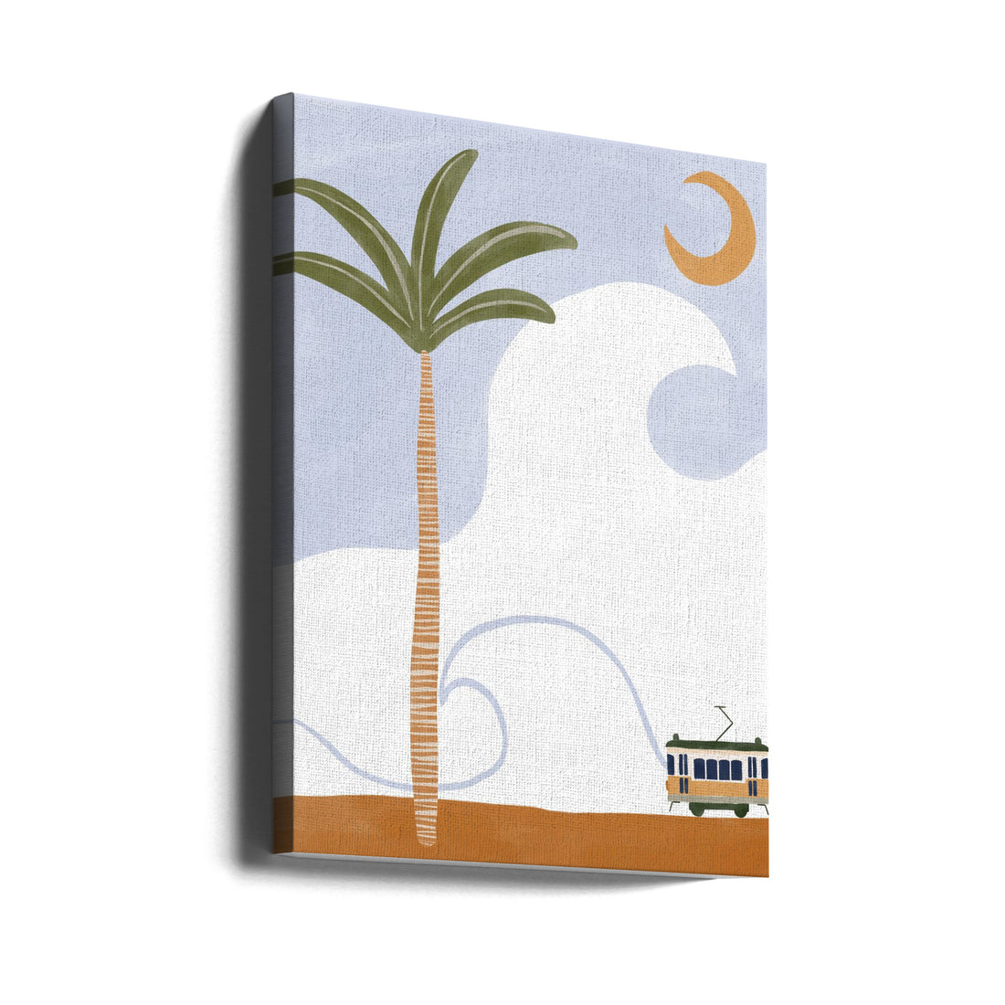 Little Tram On Beach by Ivy Green Illustrations | Tropical Beach Landscape, Large Canvas Wall Art Print | Artsy Earth