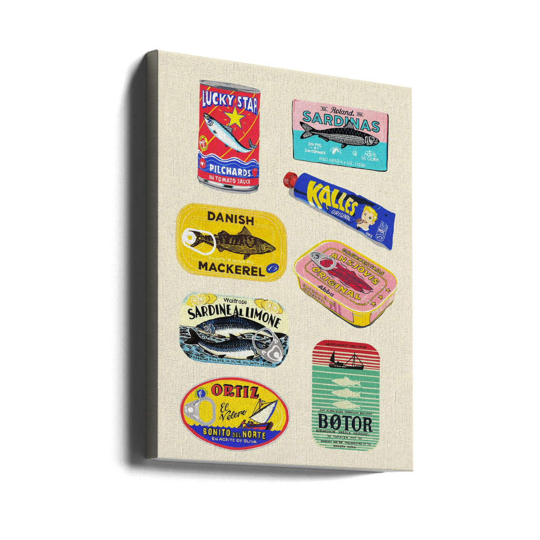 Canned Fish by Studio Mandariini | Retro Fish Illustration, Large Canvas Wall Art Print | Artsy Earth