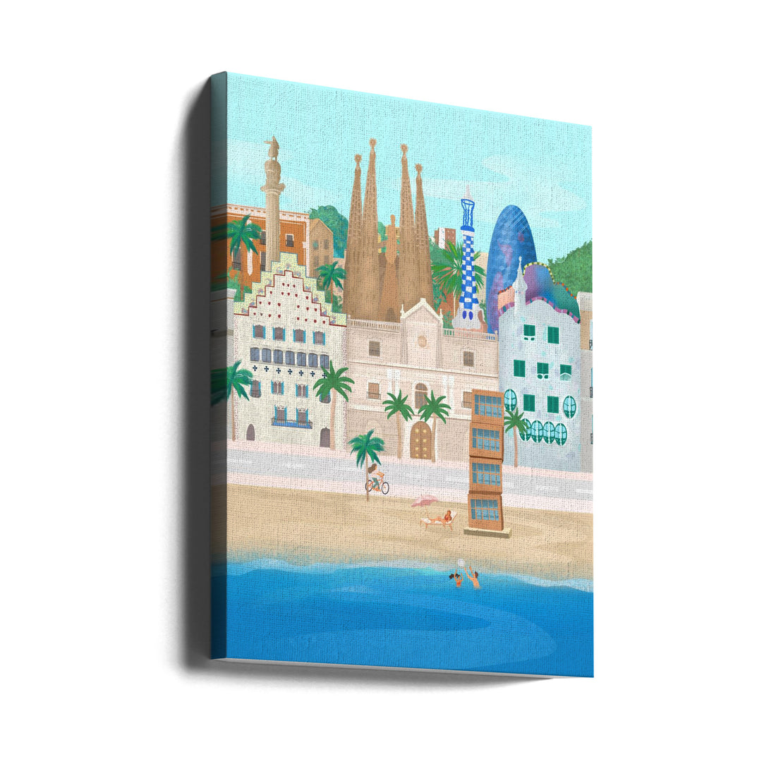 Barcelona Beach Art by Petra Lizde | Coastal City Illustration, Large Canvas Wall Art Print | Artsy Earth