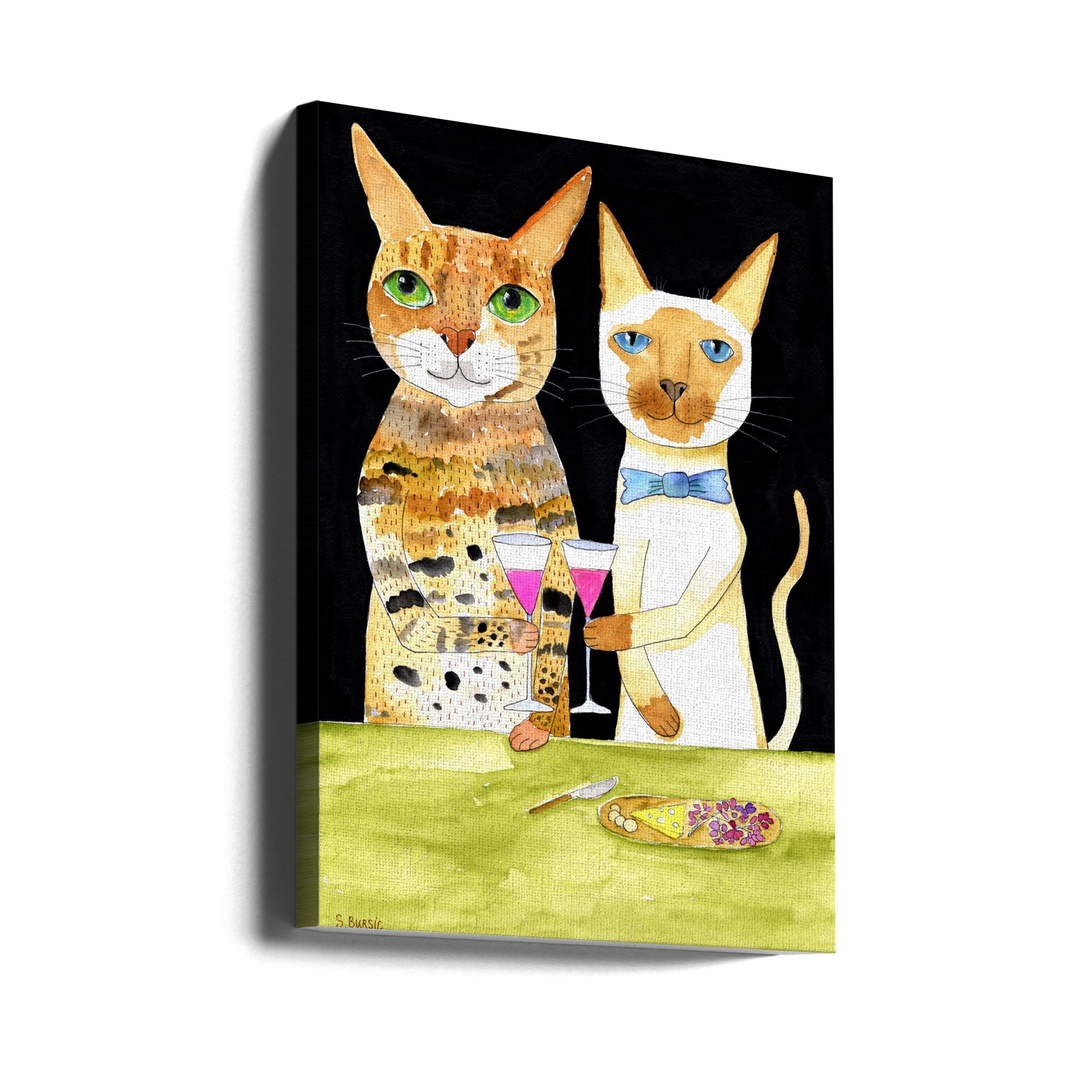 Cats Drinking Best Friends by Sharyn Bursic | Funny Cat Illustration, Large Canvas Wall Art Print | Artsy Earth