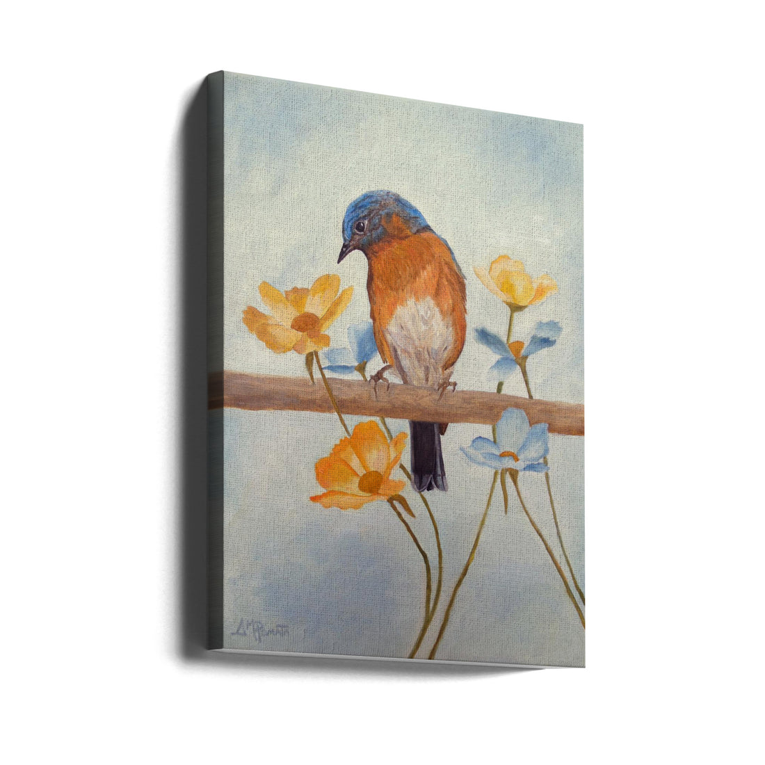 Flower Peeping Eastern Bluebird by Angeles M. Pomata | Watercolor Bird Painting, Large Canvas Wall Art Print | Artsy Earth