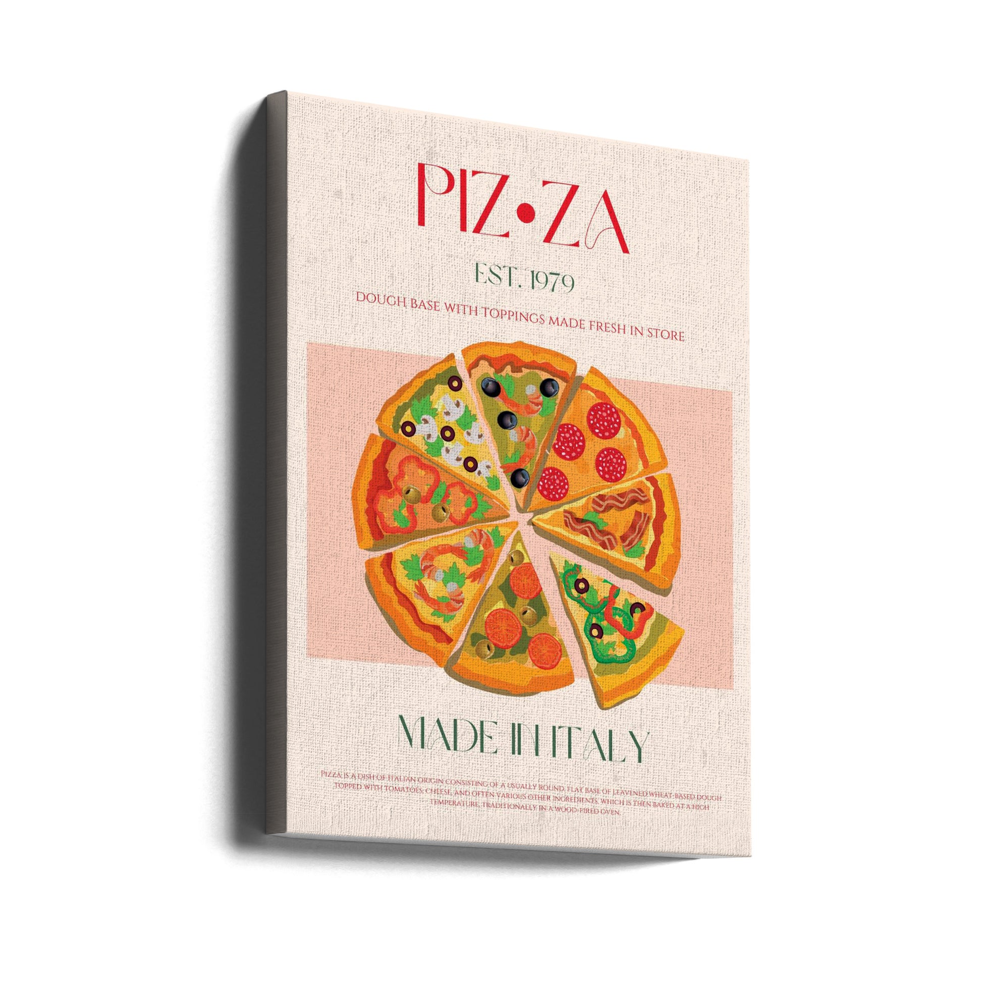 Italian Pizza Poster by Nazma Khokhar | Kitchen Food Inspiration, Large Canvas Wall Art Print | Artsy Earth