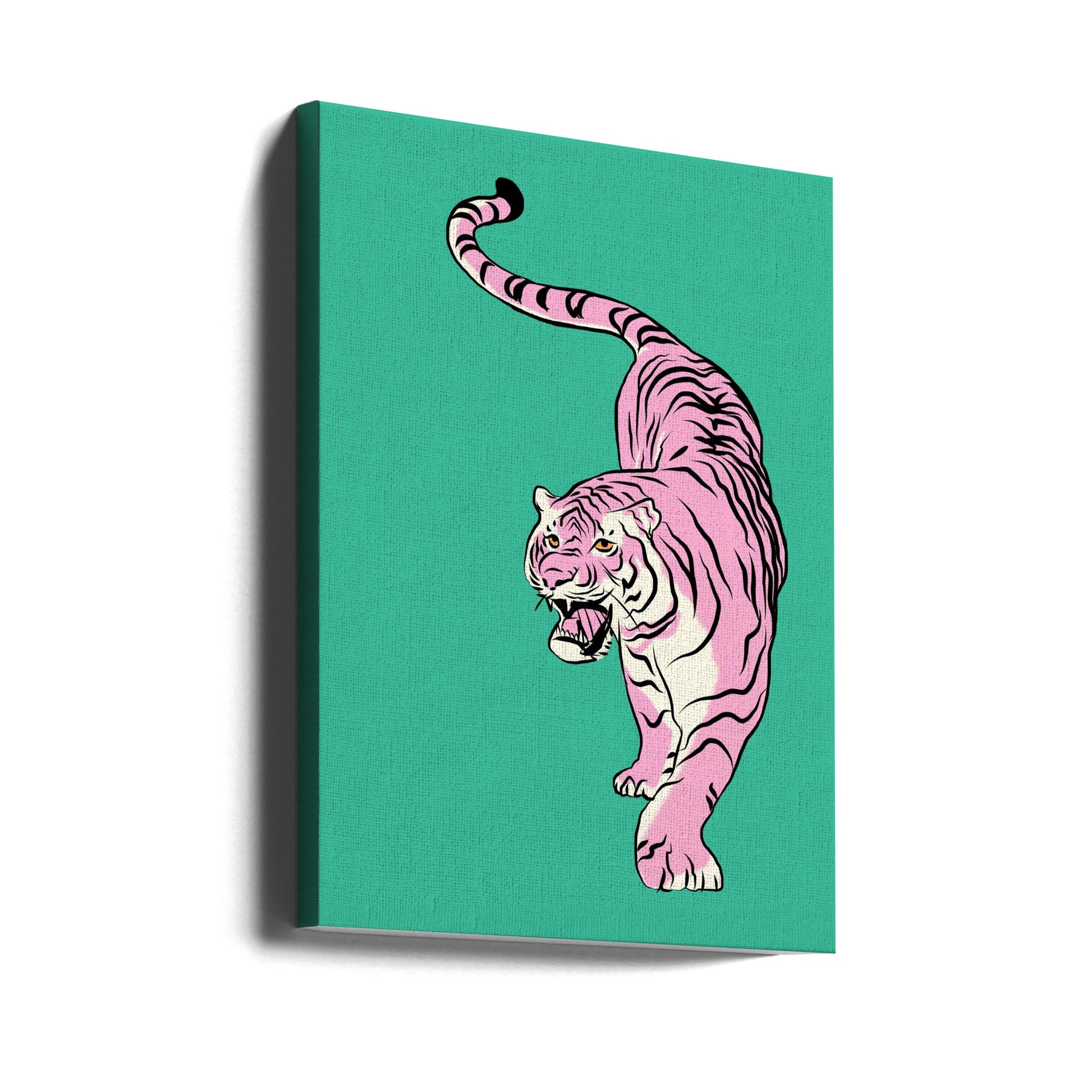 Tiger In Light Pink and Green by Little Dean | Colorful Animal Illustration, Large Canvas Wall Art Print | Artsy Earth