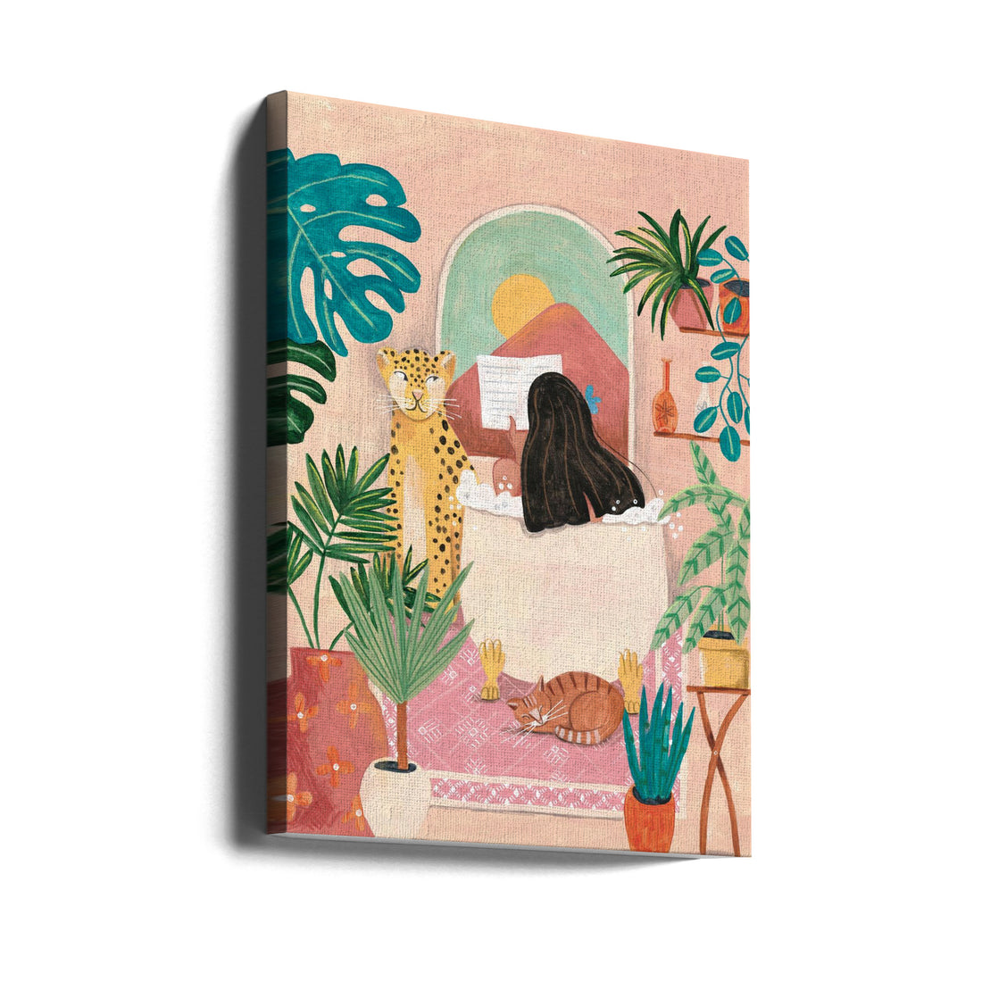 Woman taking bath in pink tropical bathroom by Caroline Bonne Müller | Tropical Bathroom Interior, Large Canvas Wall Art Print | Artsy Earth