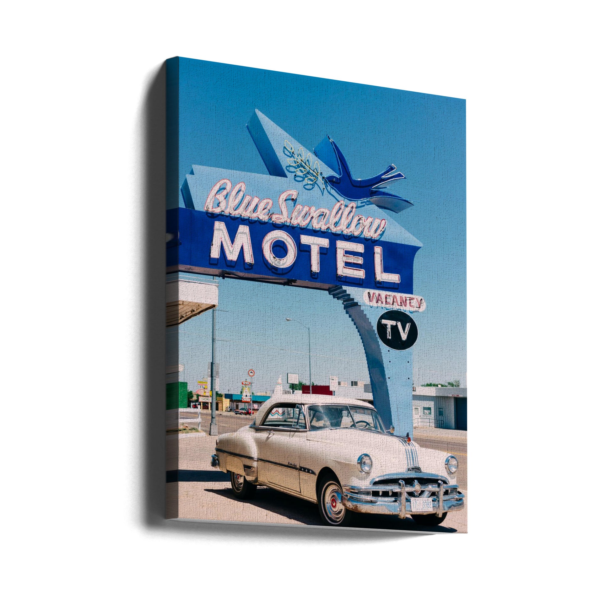 Blue Swallow Motel by Bethany Young | Route 66 Vintage Motel, Large Canvas Wall Art Print | Artsy Earth