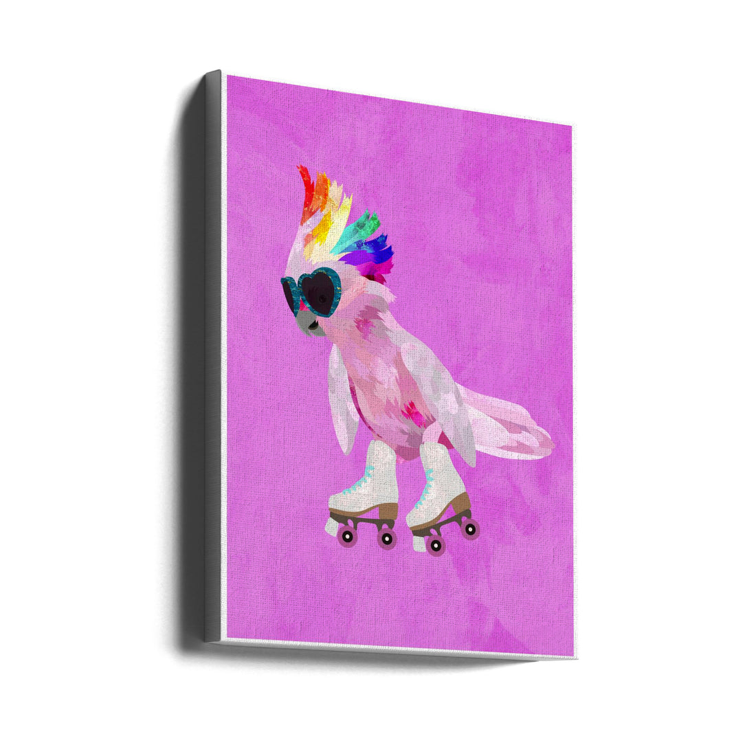 Rollerskating pink cockatoo by Sarah Manovski | Painted Animal Cartoon, Large Canvas Wall Art Print | Artsy Earth