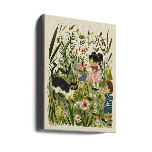 Vintage Kids and Cats Poster by Pictufy Studio | Botanical Floral Illustration, Large Canvas Wall Art Print | ArtsyEarth