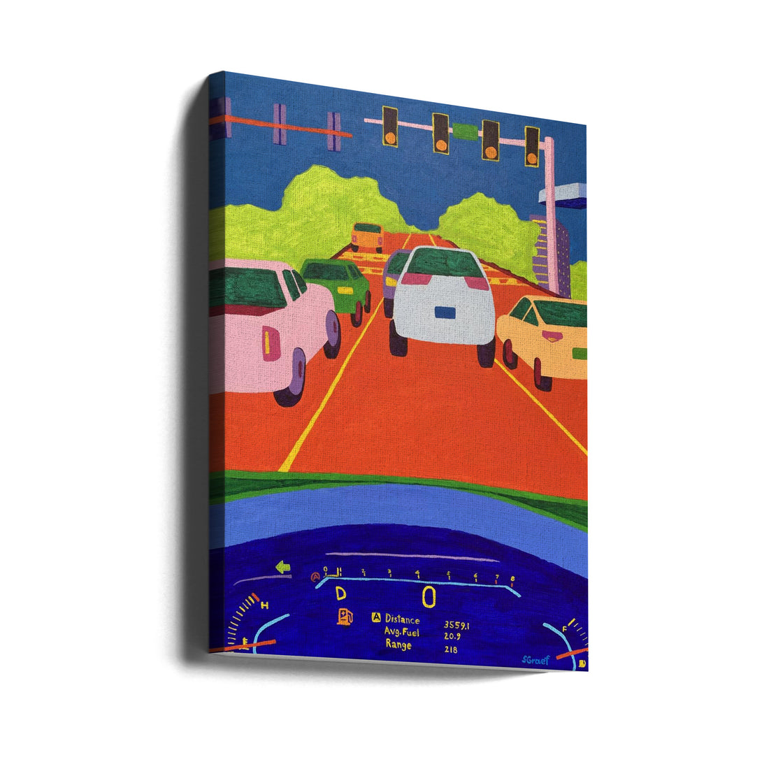 Driving by Sue Graef | Colorful Car Illustration, Large Canvas Wall Art Print | Artsy Earth