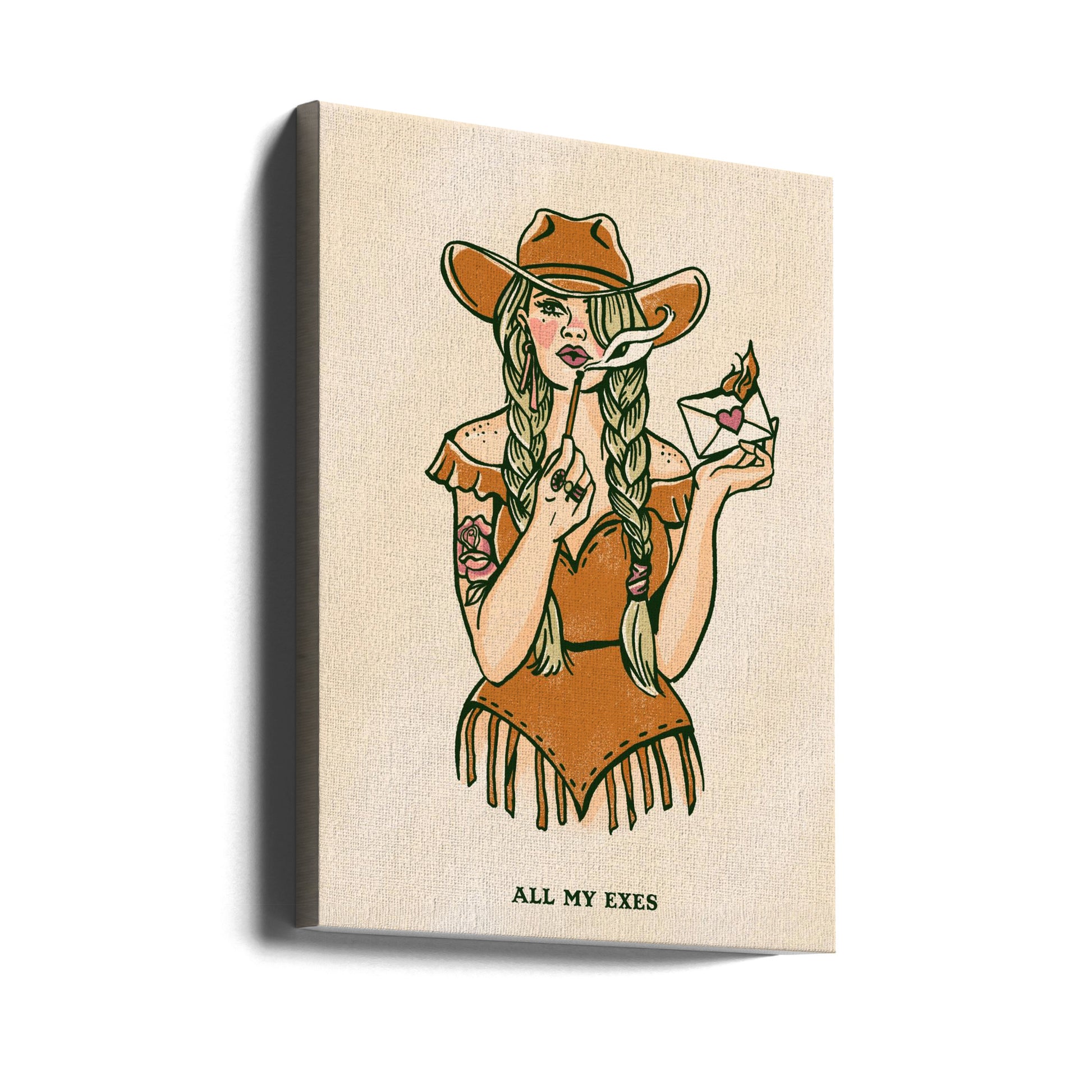 All My Exes by The Whiskey Ginger | Cowboy Hat Illustration, Large Canvas Wall Art Print | Artsy Earth