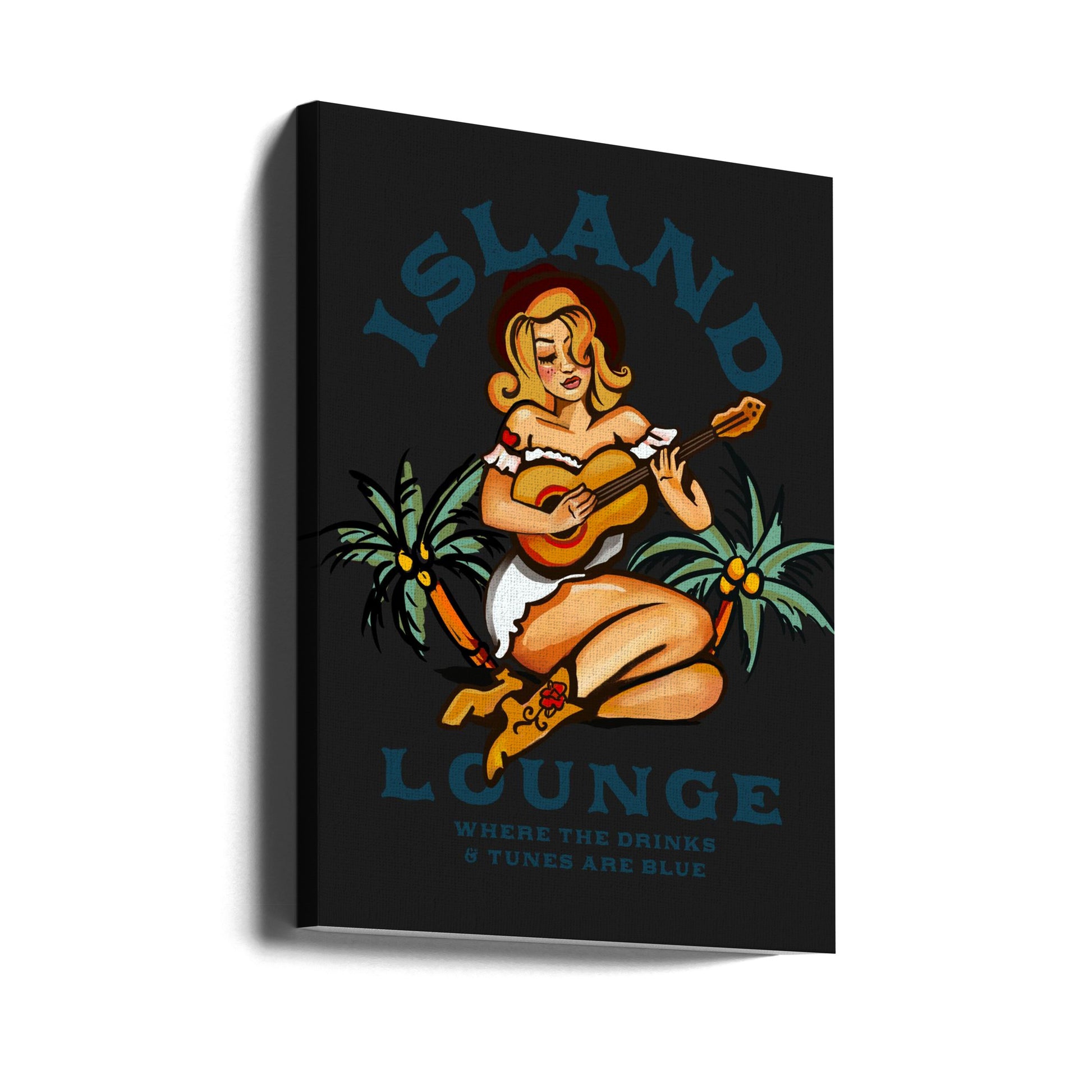 Island Lounge Tropical Pin Up Girl Playing Guitar by The Whiskey Ginger | Retro Tropical Pinup, Large Canvas Wall Art Print | Artsy Earth